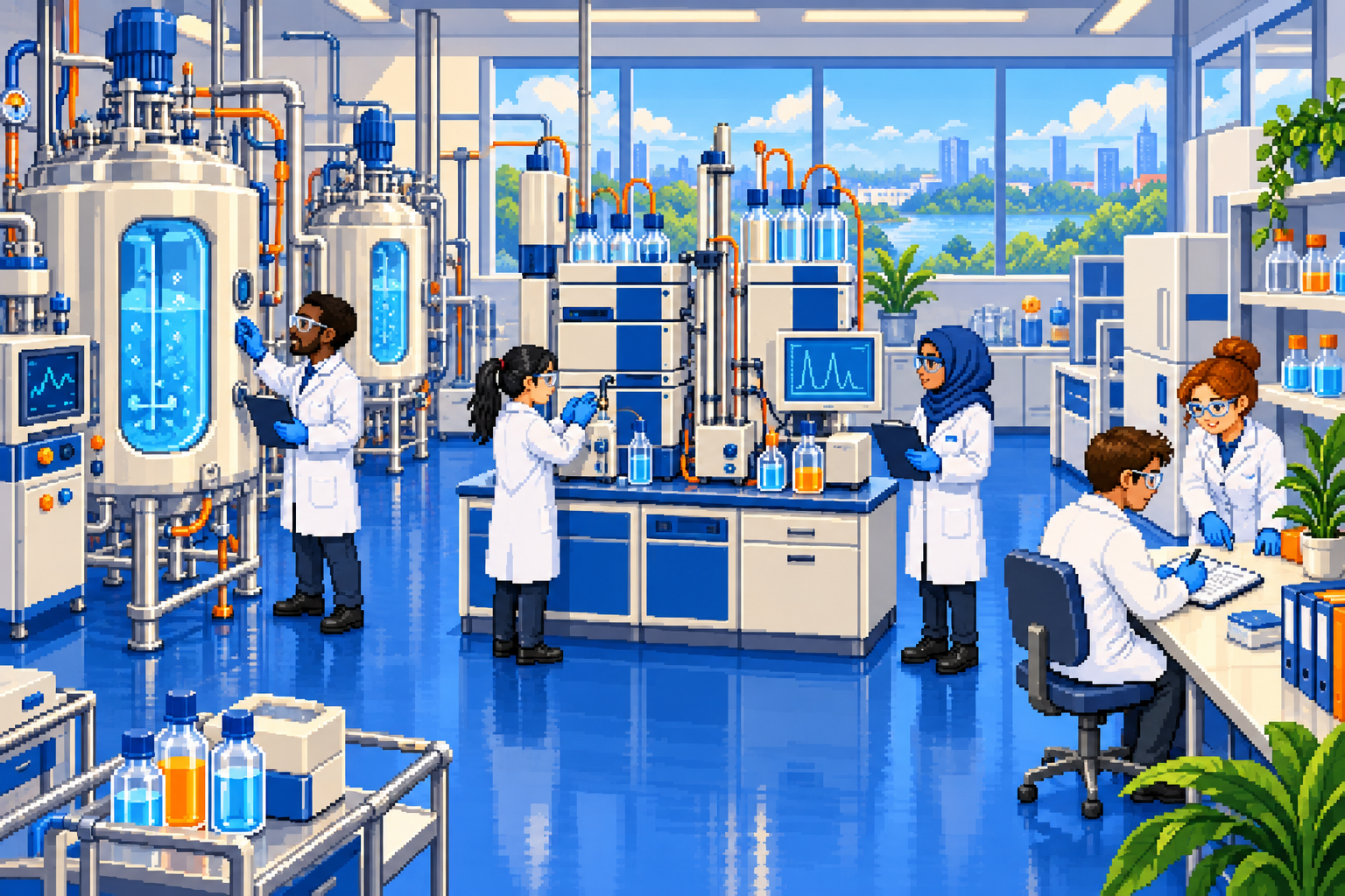 A diverse team of pixel-art scientists collaborating at bioreactors, a chromatography bench, and a lab desk